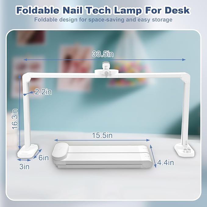 CGBE Foldable Nail Light for Desk with Phone Holder, Ultra-Large 33.5" Manicure Nail Tech Lights for Desk for Nails, Tattoos, Eyelash, Facial, Beauty (White)