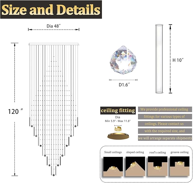 Flashing God D48''X H120'' Extra Large Chandeliers for High Ceilings Black Square Chandeliers Crystal Raindrop Chandelier for Villa Entrance Foyer LED Dimmable 2700K-6000K