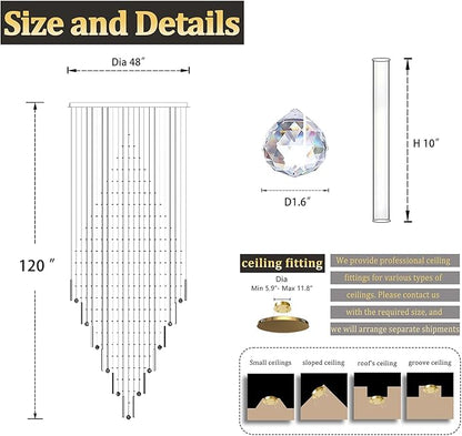 Flashing God D48''X H120'' Extra Large Chandeliers for High Ceilings Black Square Chandeliers Crystal Raindrop Chandelier for Villa Entrance Foyer LED Dimmable 2700K-6000K