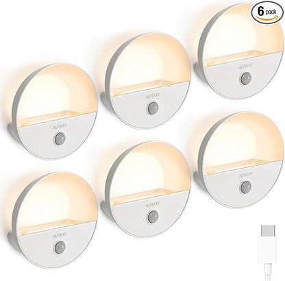 Rechargeable Battery Night Light, Motion Sensor Night Light, LED Warm White Magnetic Stick-on Motion Sensored Hallway Light, with Dusk to Dawn Sensor for Stairs, Wall, Closet, Cabinet (6 Pack)