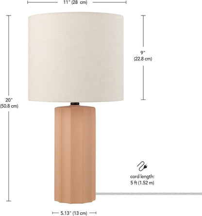 GLOBE Electric 61000062 20" Ribbed Ceramic Table Lamp, Matte Terracotta Finish, White Linen Shade, On/Off Rotary Switch on Socket, for Living Room, Bedroom, Office, Home Décor