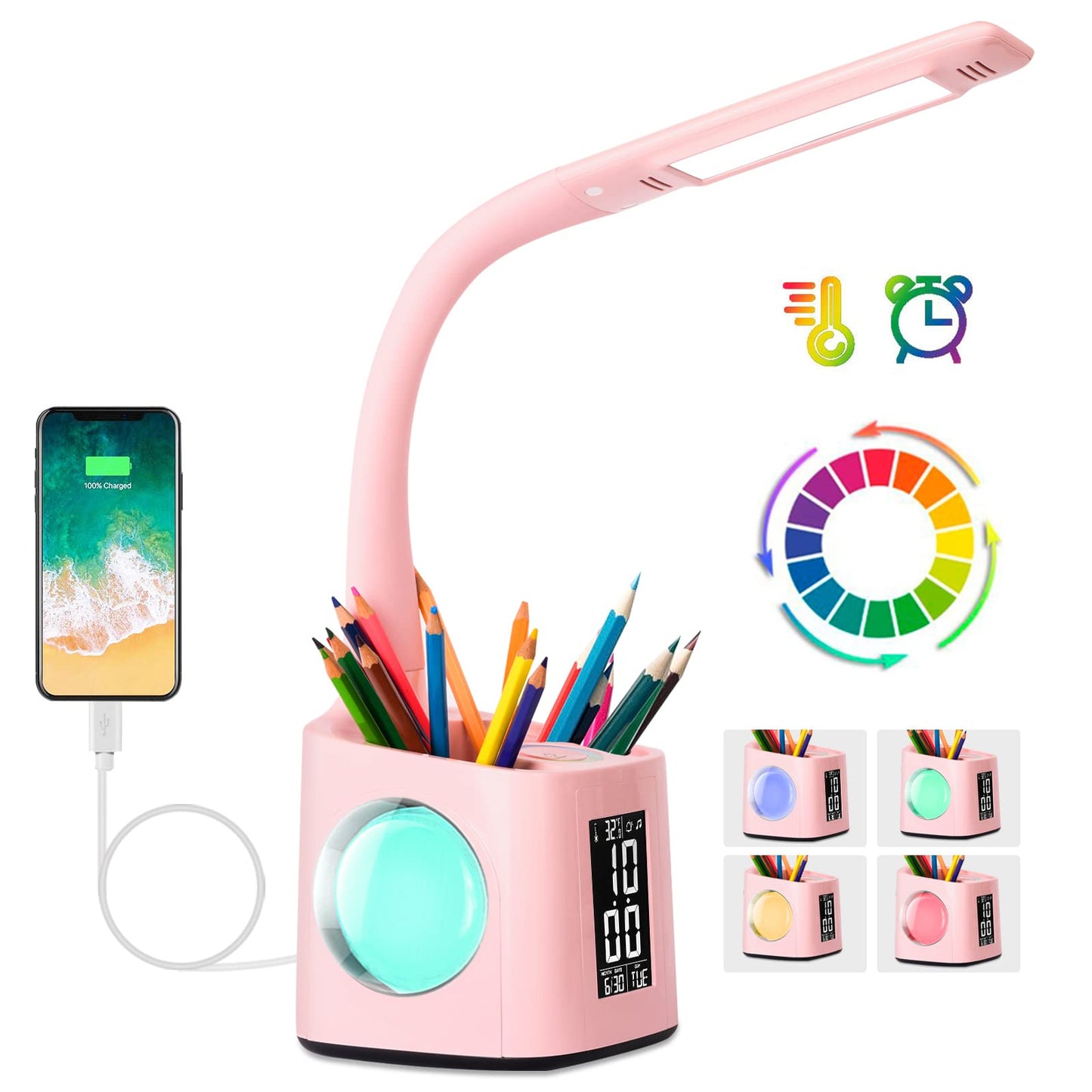 wanjiaone LED Desk Lamp with Clock,Color Changing Nightlight,Study Lamp with Pen Holder,Desk Light with USB Charger,Table Light for Home,Office,Bedroom,Gift for Kids,Students,Women,Pink