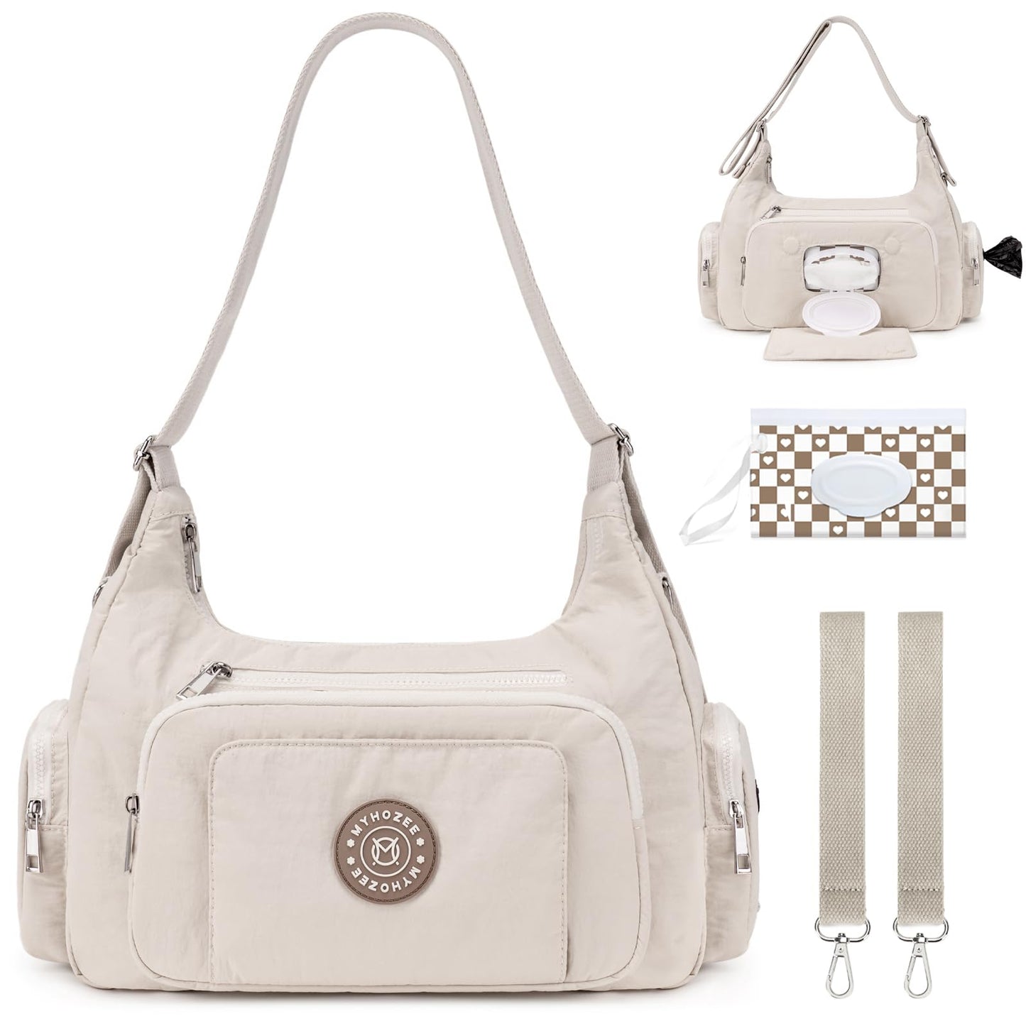 MYHOZEE Puffer Crossbody Diaper Bag for Mom - Lightweight Nylon Mom Bag Purse with Wipes & Trash Bag Dispenser - Compact Stroller Organizer Bag with Insulated Pocket, Water-Resistant, Apricot