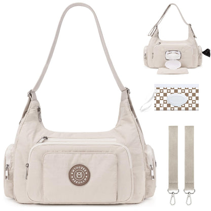 MYHOZEE Puffer Crossbody Diaper Bag for Mom - Lightweight Nylon Mom Bag Purse with Wipes & Trash Bag Dispenser - Compact Stroller Organizer Bag with Insulated Pocket, Water-Resistant, Apricot