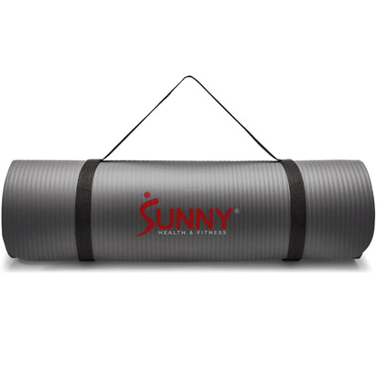 Sunny Health & Fitness Premium 1/2-Inch Extra Thick Exercise Yoga Mat Non-Slip High Density Pilates and Floor Workout Elastic Strap Portable with Carrying Strap- Grey - 74 x 24 Inches - SF-EM03-GY