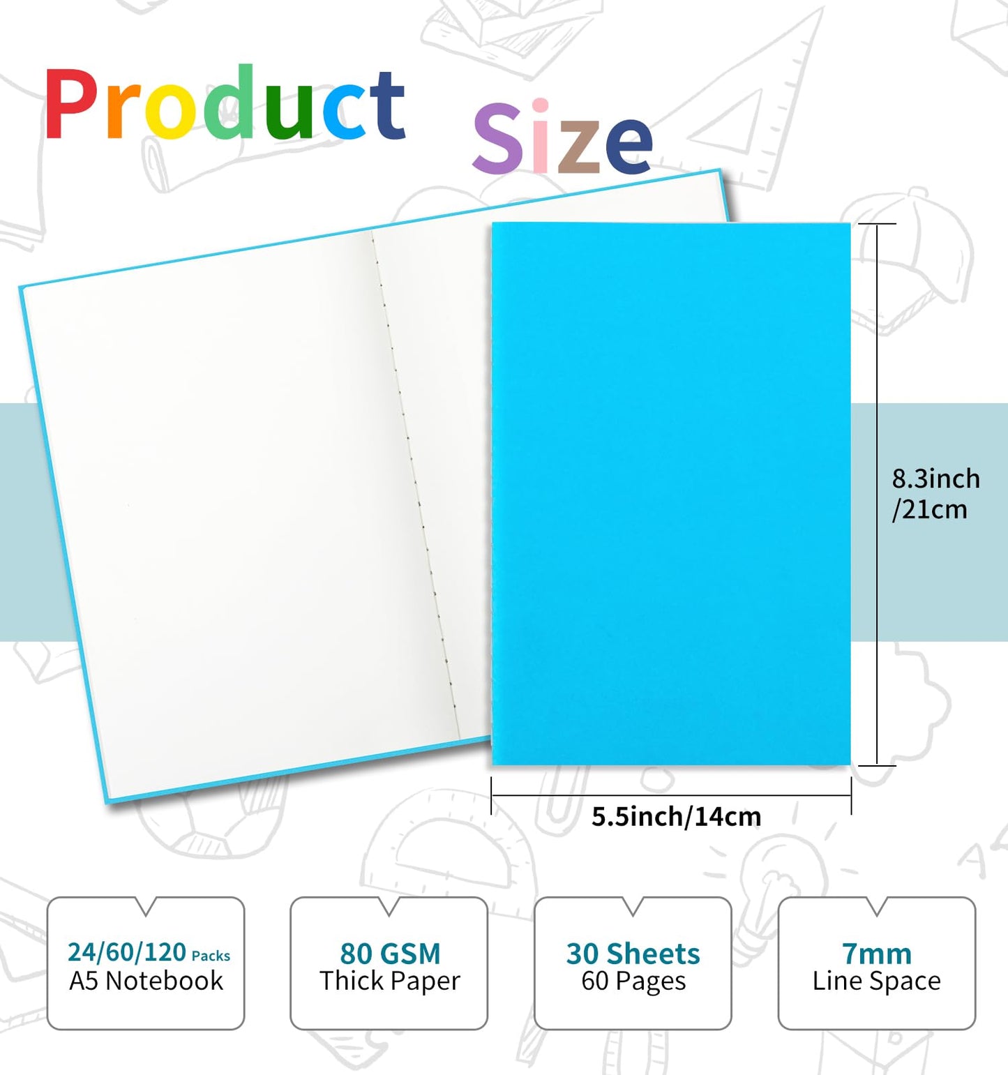 ALKALO 24 Pack Colorful Blank Notebooks for writing, Journals Bulk, A5 Composition Books, 8.3x5.5 Inch, 60 Pages, 30 Sheets Sketchbooks for Office School Travel Supplies (Blank-24 pack, 12 Colors)