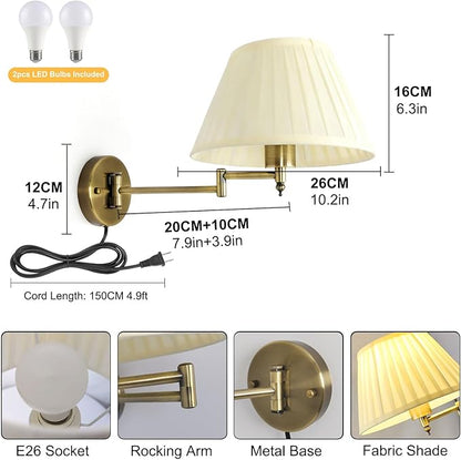 Indoor Wall Sconce Set of Two Swing Arm Wall Lamp Plug in Bronze Wall Light Fixtures with Beige Fabric Shade Bedside Lights for Bedroom Hallway Study Room Living Room Reading Light