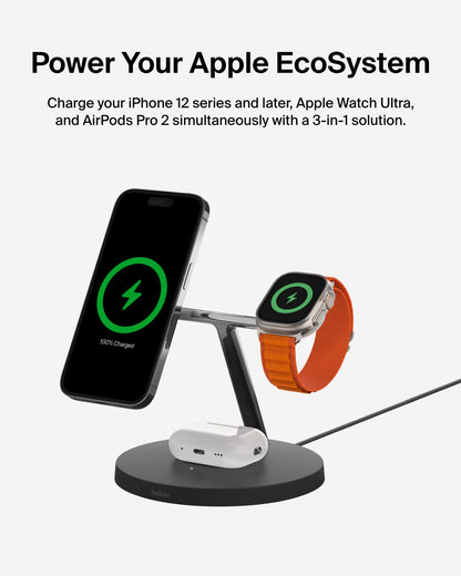 Belkin MagSafe-Compatible Charger, 3-in-1 Wireless Charging Station, Qi2-Certified 15W Wireless Charge for Apple iPhone 17 Series, Apple Watch, AirPods w/Non-Slip Base, 40W Included - Black