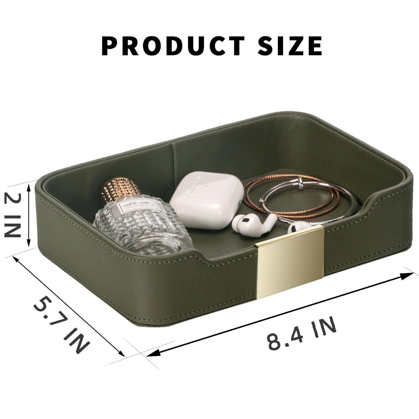 SANZIE Luxury Leather Tray Organizer Valet Tray Key Tray for Entryway Table Desktop Storage Catchall Tray Decorative Tray for Jewelry Keys Wallet Phone Watch (Metal Gilded, Khaki Green)