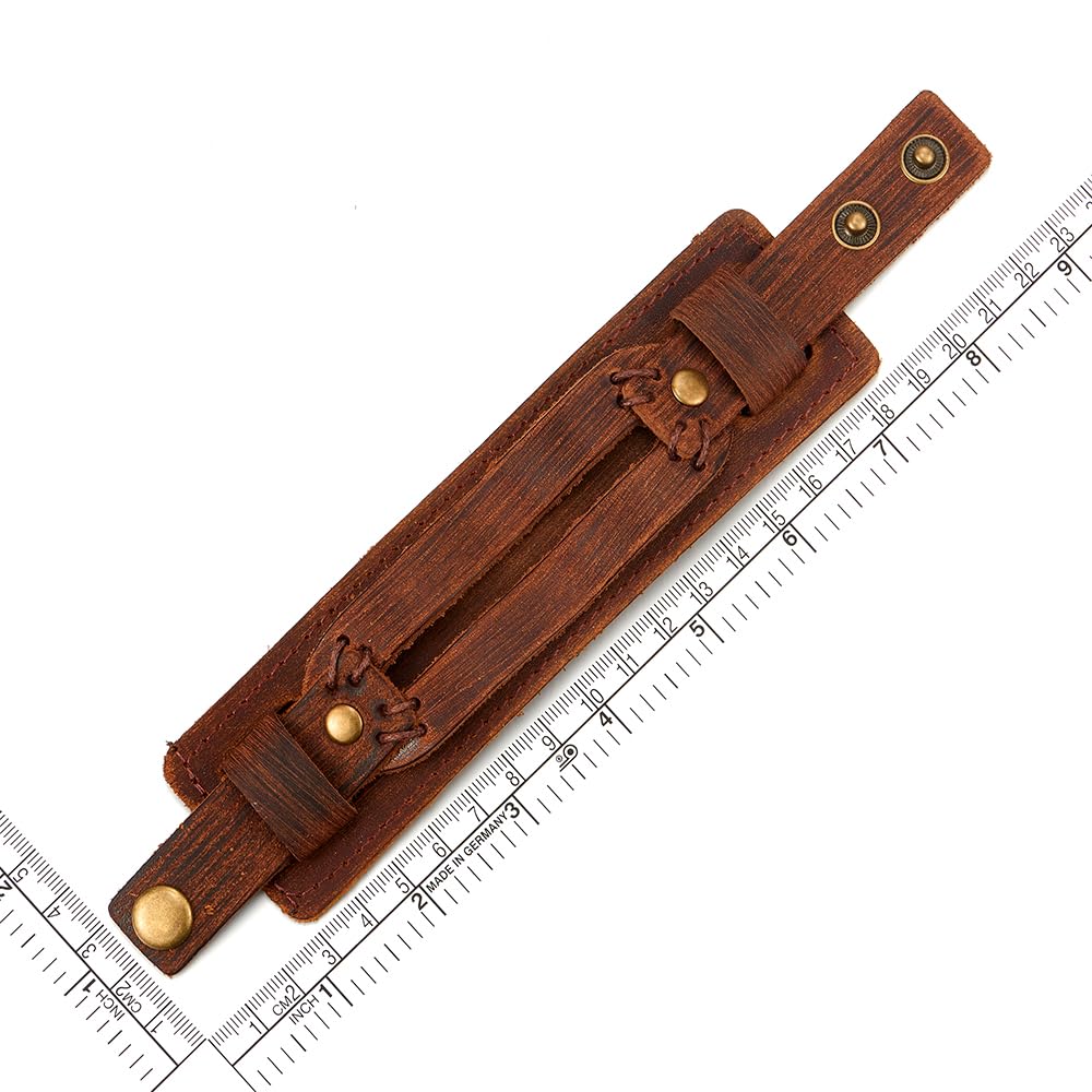 COOLSTEELANDBEYOND Men's Wide Brown Distressed Leather Cuff Bracelet with Snap Button Closure, Multi Wrap Layered Wristband, Vintage Biker Punk Jewelry Gift