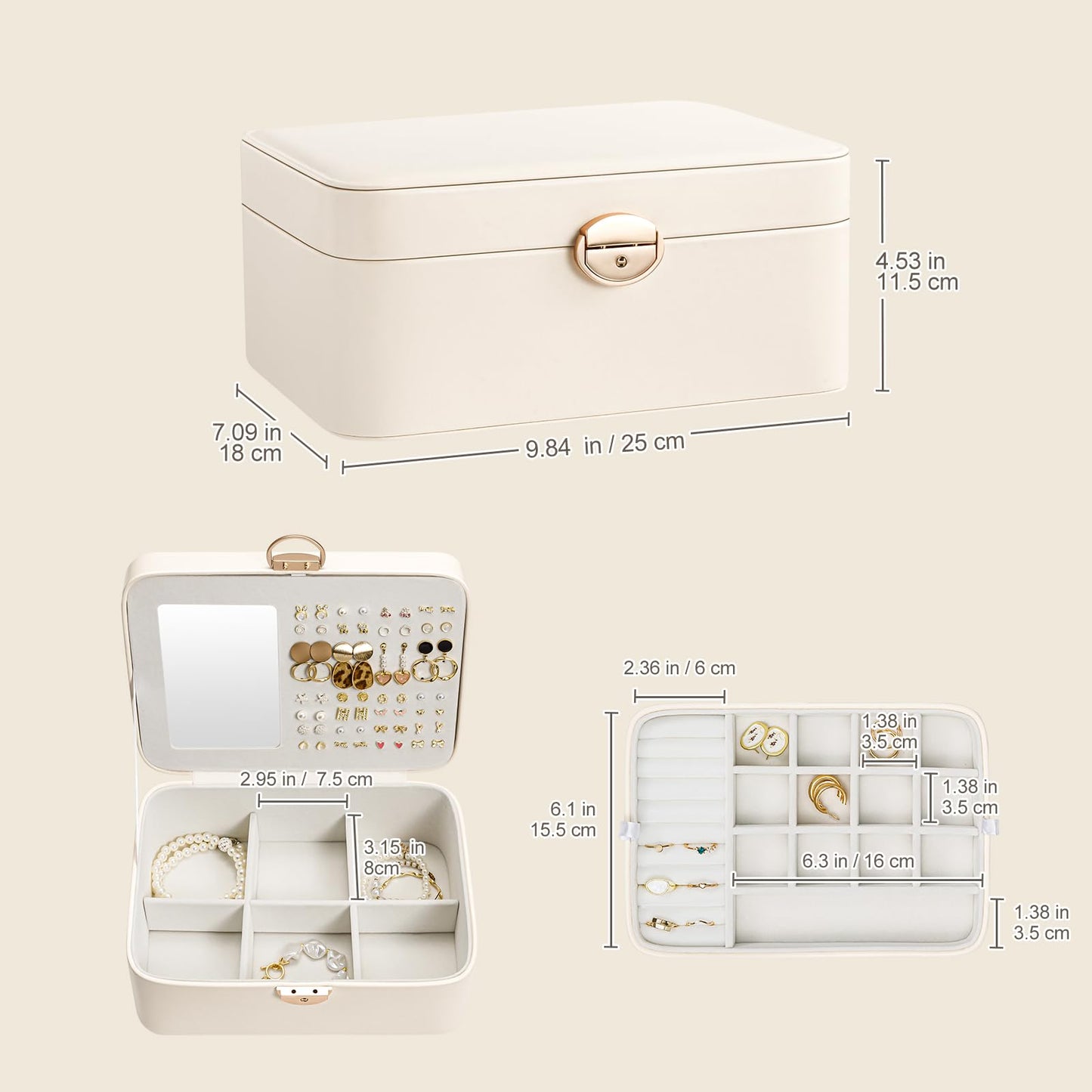 Lolalet 2 Layer Jewelry Box with Lock and Key for Teen Girls & Young Women, Jewelry Organizer Case with Round Clasp and Mirror for Earrings Rings Necklaces Storage, Gift Idea -Cloud White