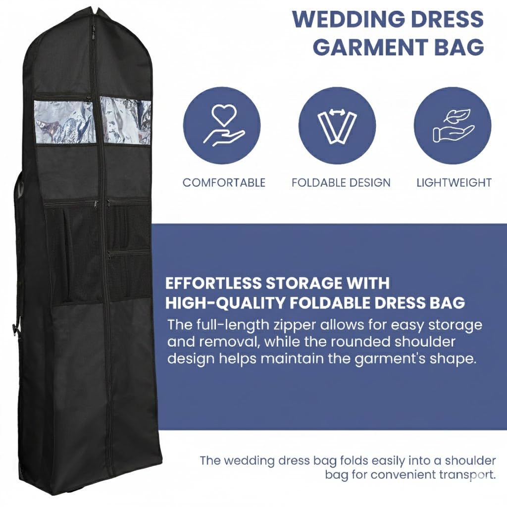 Wedding Dress Garment Bag 72" – Waterproof Trifold Travel Garment Bag for Bridal Gown with Shoulder Strap, Suitcase Sleeve & Accessory Pockets – Fits Full Skirts, Oxford Fabric, Carry Handle