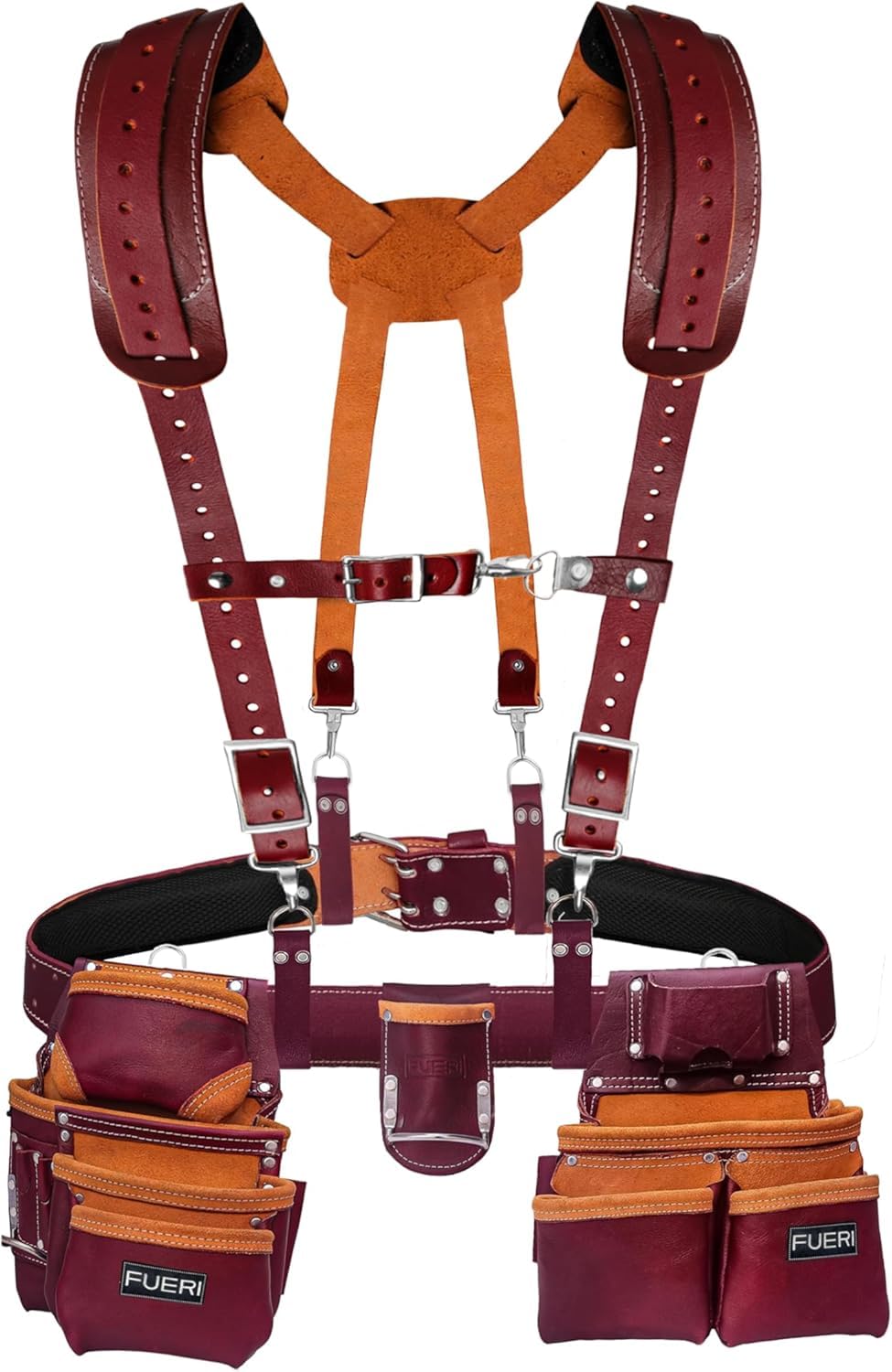 FUERI Leather Tool Belts with Suspender for Men, Heavy-Duty Durable Carpenter Tool Rig Organizer With 19 Pockets-2 Pouches, Padded Suspender, Hammer Holder, D-Loops & Foam-Padded Belt Electricians