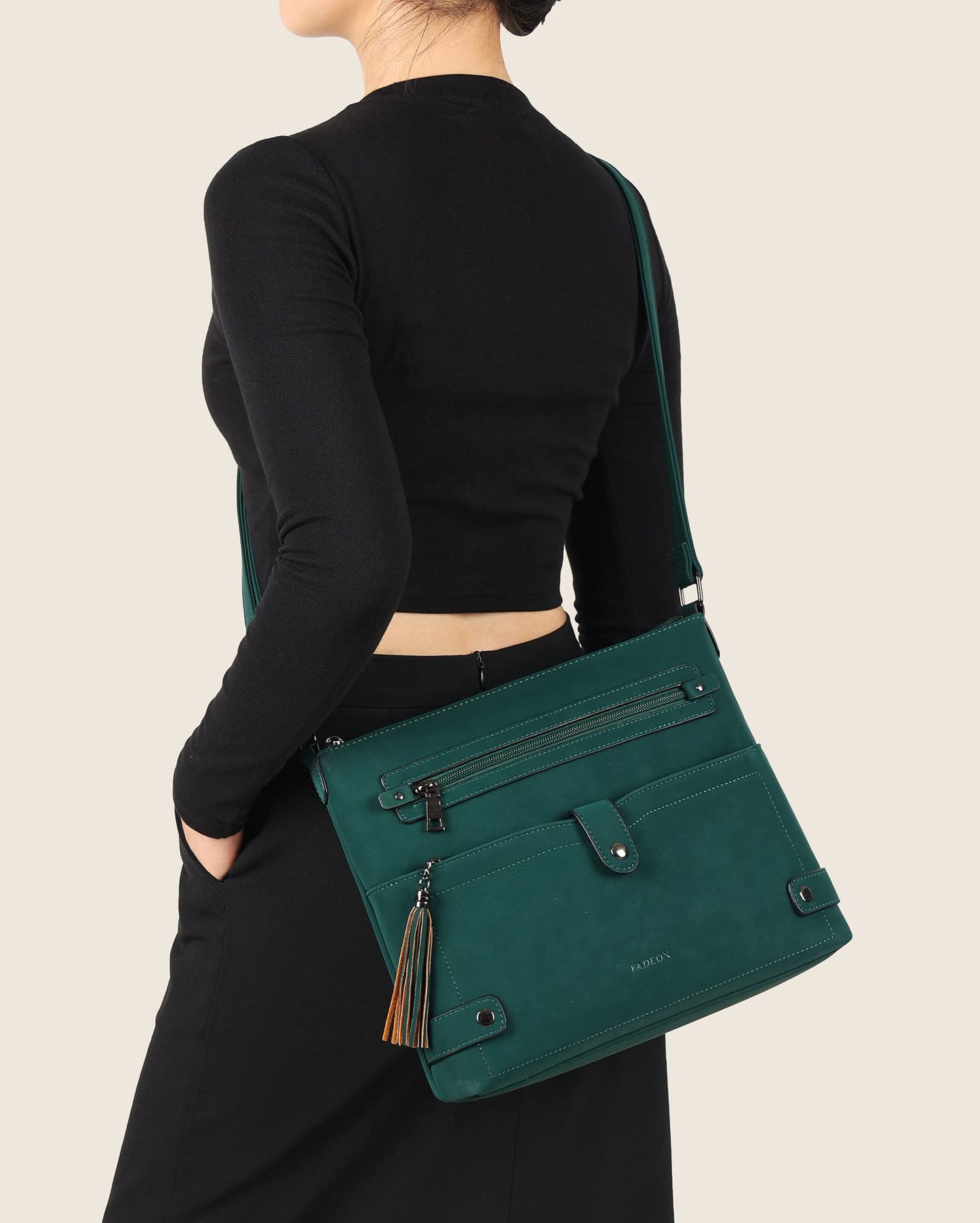 FADEON Large Crossbody Purses for Women Crossbody Bag, Leather Cross Body Purses Multi Pocket Roomy Shoulder Bag ,Dark Green Suede Style