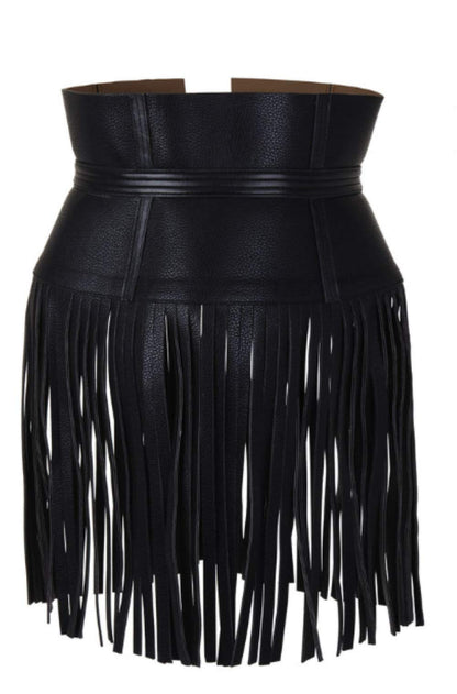 Lishow Fashion Woman's Genuine Black Leather Fringe Obi Sash Wrap Tie Plus Size Corset Waist Cincher,s Wide biker Leather Belt (Black, 5XL(41-42'Waist))