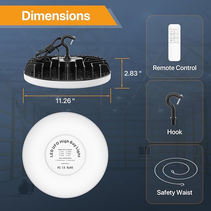 Smart Shop Lights 150W - Micware Motion Sensor 18000LM UFO LED High Bay Light with Multi-Function Remote, 10%-100% Dimmable IP65 Waterproof 5000k Garage Shop Lighting (New Remote)