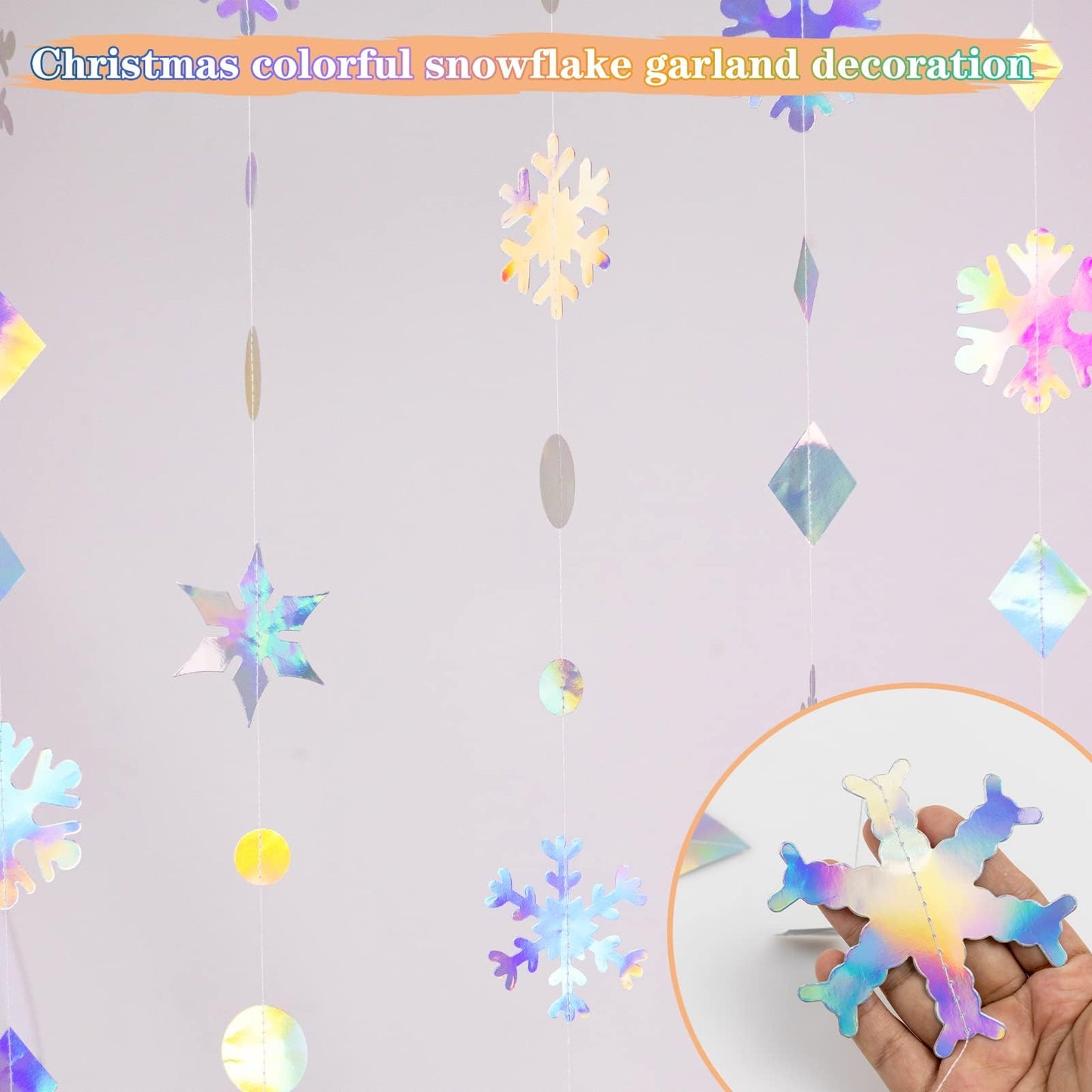 65Ft Winter Wonderland Snowflakes Decorations Iridescent Snowflake Garland- Shimmer Holographic Paper Snowflakes Streamers for Iridescent Party Decor Christmas Frozen Themed Birthday Baby Shower Decor
