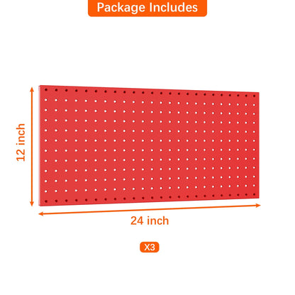 TORACK 3 PCS Metal Pegboard Panels(12x24 inch) for Wall Garage Tools Storage Pegboard System for Workbench, Modular Peg Board Tool Organizer Board Kit(Pack of 3, Red)
