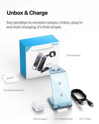 Intoval 3 in 1 Wireless Charging Station for iPhone 17 16 15 14 13 12 11 X Pro Max, Wireless Charger for Apple Watch Ultra 3 SE 9 8 7 6 5 4 3 2, for AirPods 4 Pro Pro 2 3 (Y93, Grey)