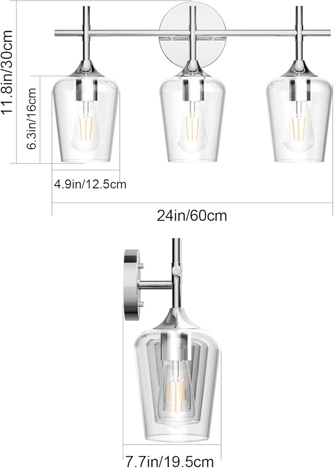 Ralbay Vintage 3 Light Vanity Light Fixture Industrial Chrome Bathroom Light Fixtures Over Mirror Clear Glass Chrome Vanity Light for Bathroom Wall Lighting Fixtures Over Mirror