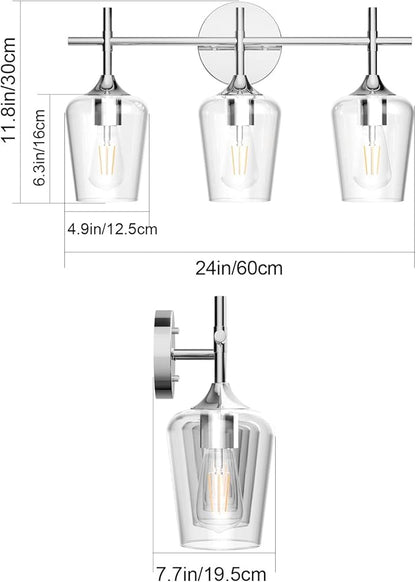 Ralbay Vintage 3 Light Vanity Light Fixture Industrial Chrome Bathroom Light Fixtures Over Mirror Clear Glass Chrome Vanity Light for Bathroom Wall Lighting Fixtures Over Mirror