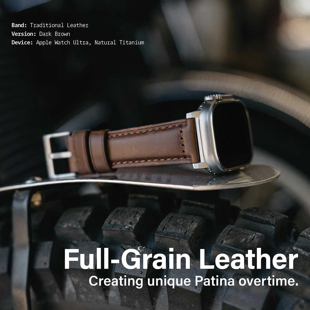 KORDIZ Traditional Leather Band for Apple Watch ULTRA 3 & ULTRA 2/1 [49mm] – Full-Grain Genuine Leather Replacement Strap for Men & Women – Classic Wristband Compatible with iWatch Ultra (Silver Titanium | Dark Brown)
