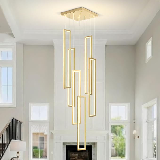 Flashing God Modern Chandelier,Gold Chandeliers with 6 Ring Led Foyer Chandeliers,Larger High Ceiling Chandelier for Living Room,Rectangle Chandelier for Entryway Staircase LED Dimming 2700k-6001k