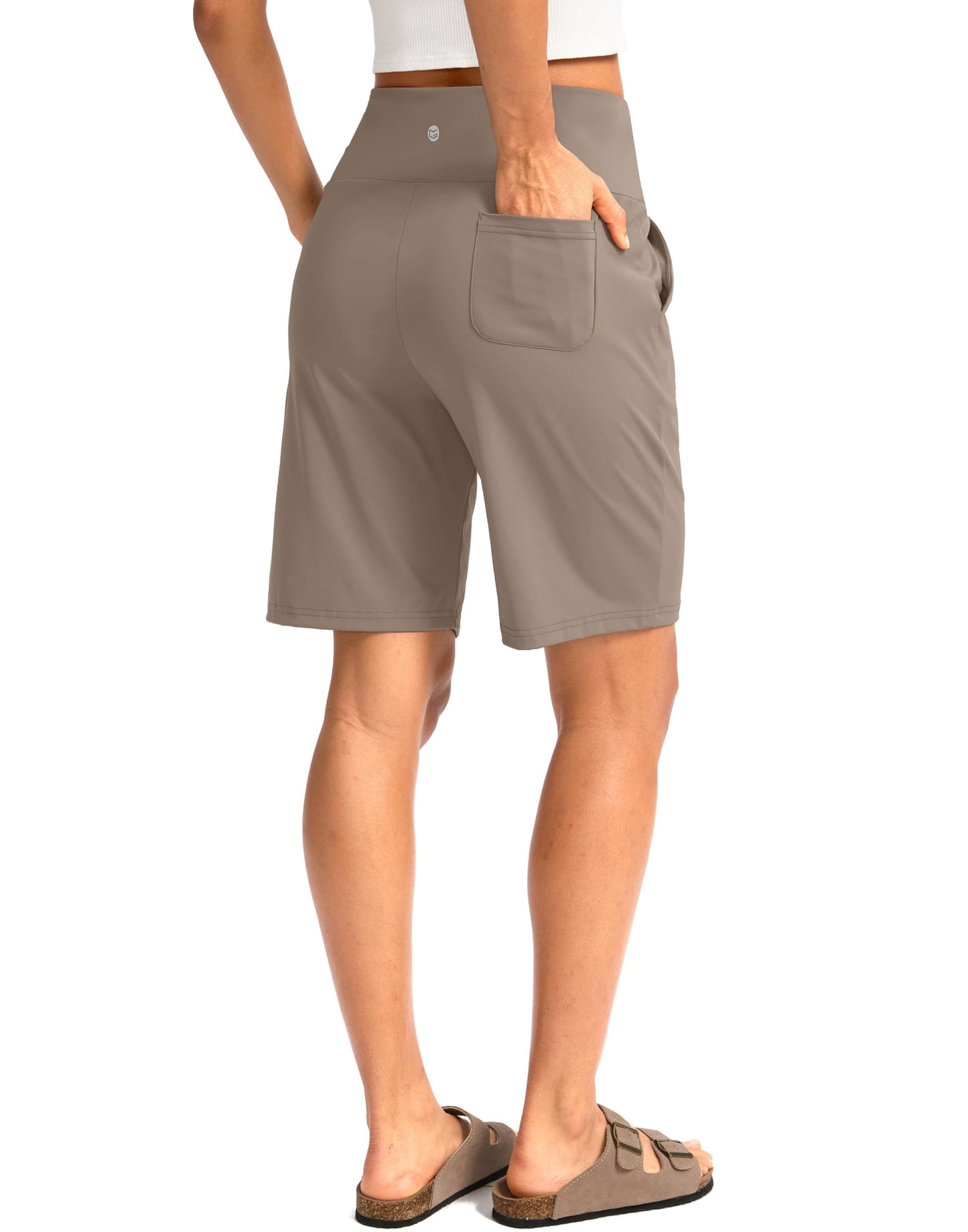G Gradual Women's Bermuda Long Shorts with Pockets 9" High Waisted Knee Length Shorts for Women Walking Athletic Workout(Taupe,XXXL)