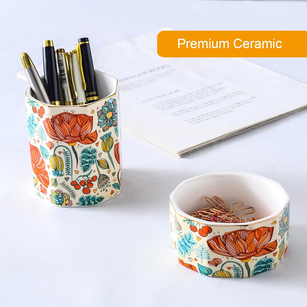 Aesthetic Desk Organizer Set of 2 For Office, Pen Holder and Paper Clip Holder Dispenser, Ceramic Cute Pencil Cup for Desk, Desktop Accessories, Office Decor, Ideal Gifts for Women, Mom (Flower)