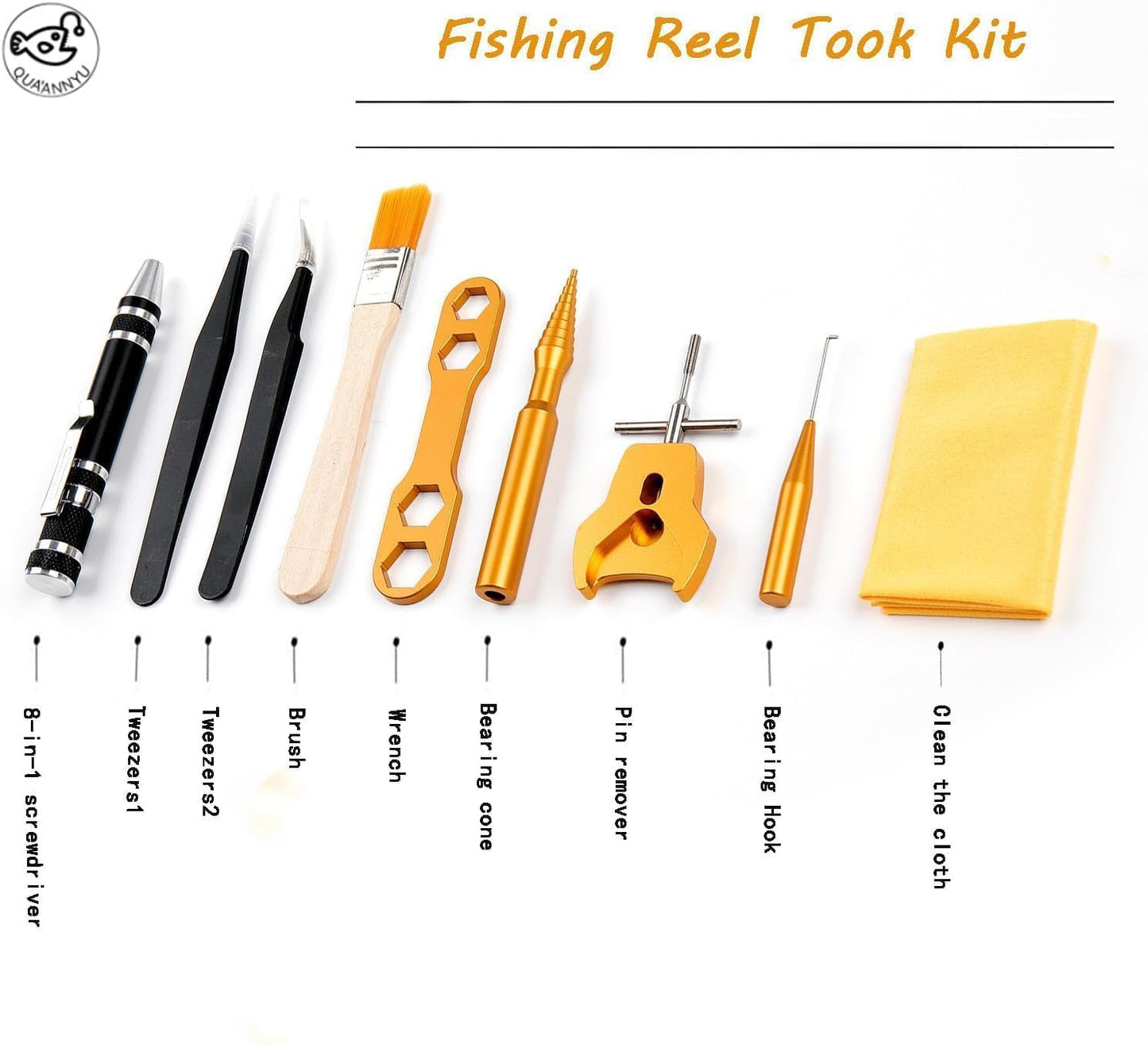 QUA'ANNYU Fishing Reel Maintenance Kit, Professional Fishing Reel Care & Repair Tool Set with 24/30/38-in-1 Screwdriver Set (Gold+Manual Screwdriver)