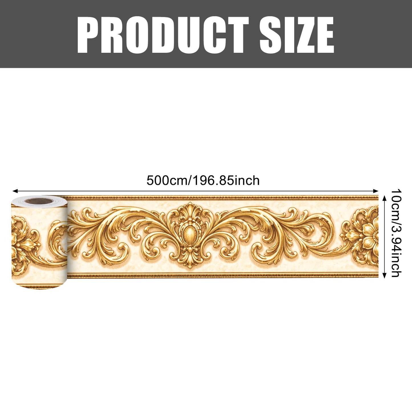 Nuxovilar Wallpaper Border Peel and Stick 3.94x16.4Ft PVC Removable Self-Adhesive Bathroom Kitchen Living Room (Gold Baroque Floral Scroll Pattern)