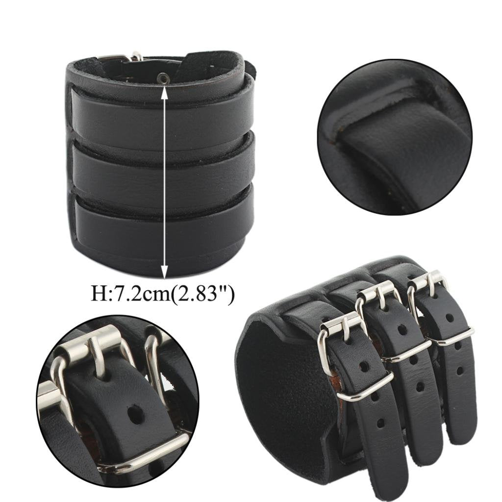 EVER FAITH 3 Layer Wide Belt Synthetic Leather Men Wristband Black Bracelet Unisex Couple