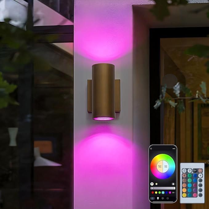 RGB Outdoor Wall Light LED Exterior Lighting Fixtures with Remote Control or App Control, 7" Handmade Gold Outdoor Sconce Lights for House Front Door Garage Patio Porch