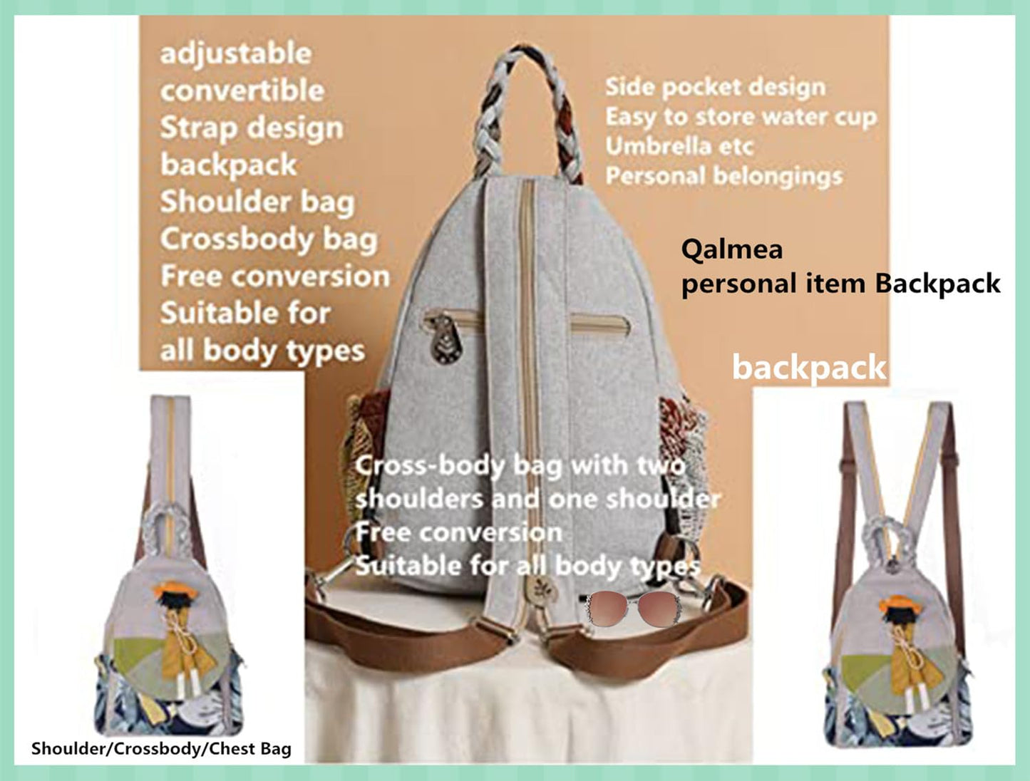Qalmea Casual Mini Daypack for Girls Small Backpack for Women，Girl's Convertible Sling Bag Handmade Canvas Bags（Floral Patterns）