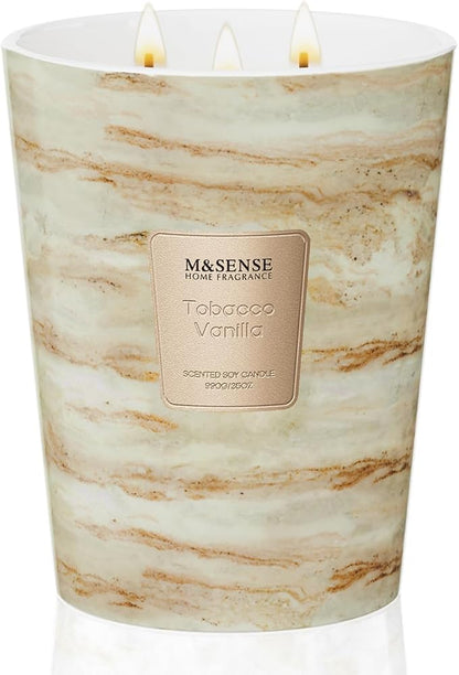 M&SENSE TobaccoVanilla Scented Candles for Home, 3-Wick Highly Scented Jar Candles, Extra Large Candle 35 Oz 150 Hours Long Lasting Burning, Relaxing Aromatherapy Candle for Stress Relief, Meditation