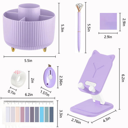 Office Supplies,Purple Desk Accessories,Desk Organizer,Phone Stand,Scissors,Stapler,Tape Dispenser,Binder clips,Staples,staple remover,Sticky Notes,Index Tabs,Clear Tape,Mini Box Cutter,Cool Pen.16pcs