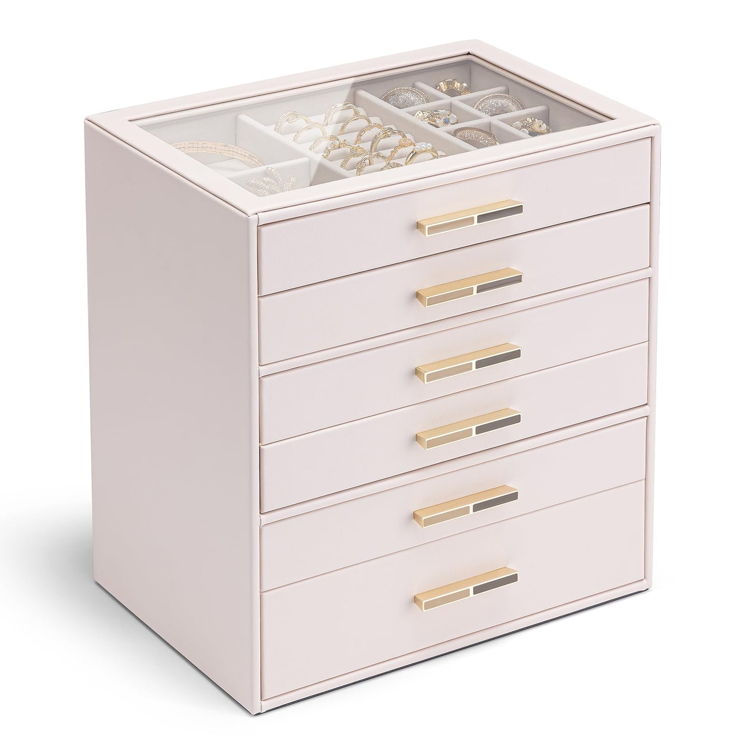 VLANDO 6-Drawer Jewelry Box with Glass Lid, Faux Leather Organizer for Rings Earrings Necklaces and More, Gift-Ready Jewelry Case for Women Girls or Moms, Pink Beige