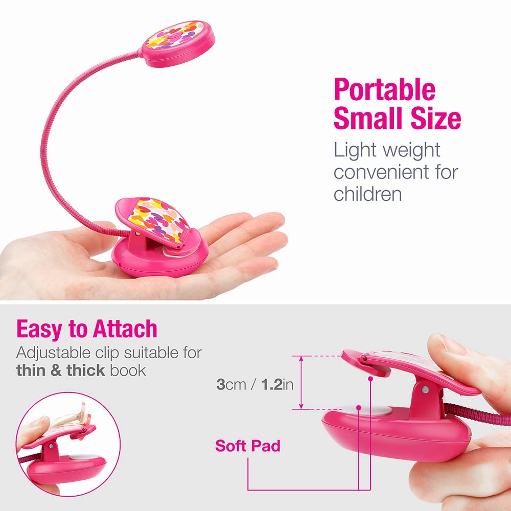 Vekkia Cute Rechargeable Book Light, Eye-Care Clip on Lights for Reading in Bed, 3 Colors & 3 Brightness, 1.8oz Lightweight, Up to 40 Hours Useage, Great Gifts for Kids & Readers (Rose Red)