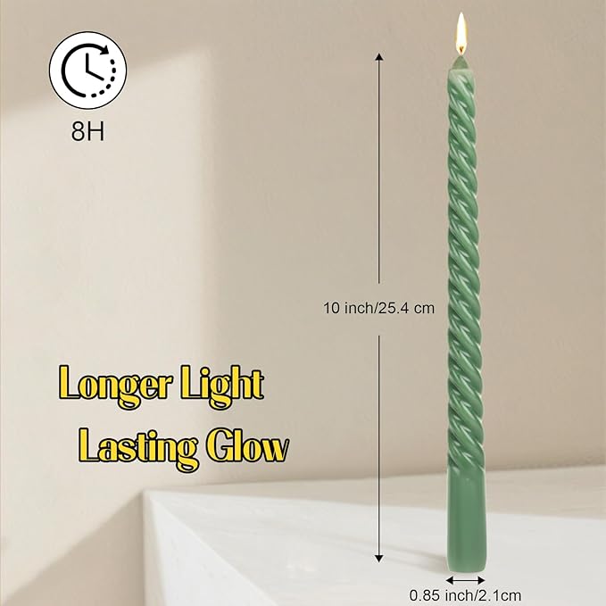 Tobeape Sage Green Twisted Taper Candles Set of 12, 10 Inch Tall Unscented Dripless, Smokeless Spiral Christmas Tapered Candlestick for Wedding Home Décor Dinner St. Patrick's Day- 8 Hour Long Burning