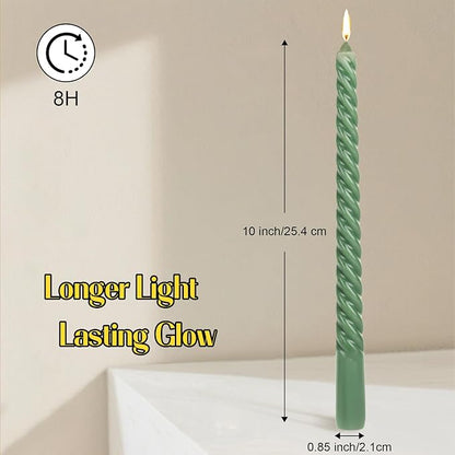Tobeape Sage Green Twisted Taper Candles Set of 12, 10 Inch Tall Unscented Dripless, Smokeless Spiral Christmas Tapered Candlestick for Wedding Home Décor Dinner St. Patrick's Day- 8 Hour Long Burning