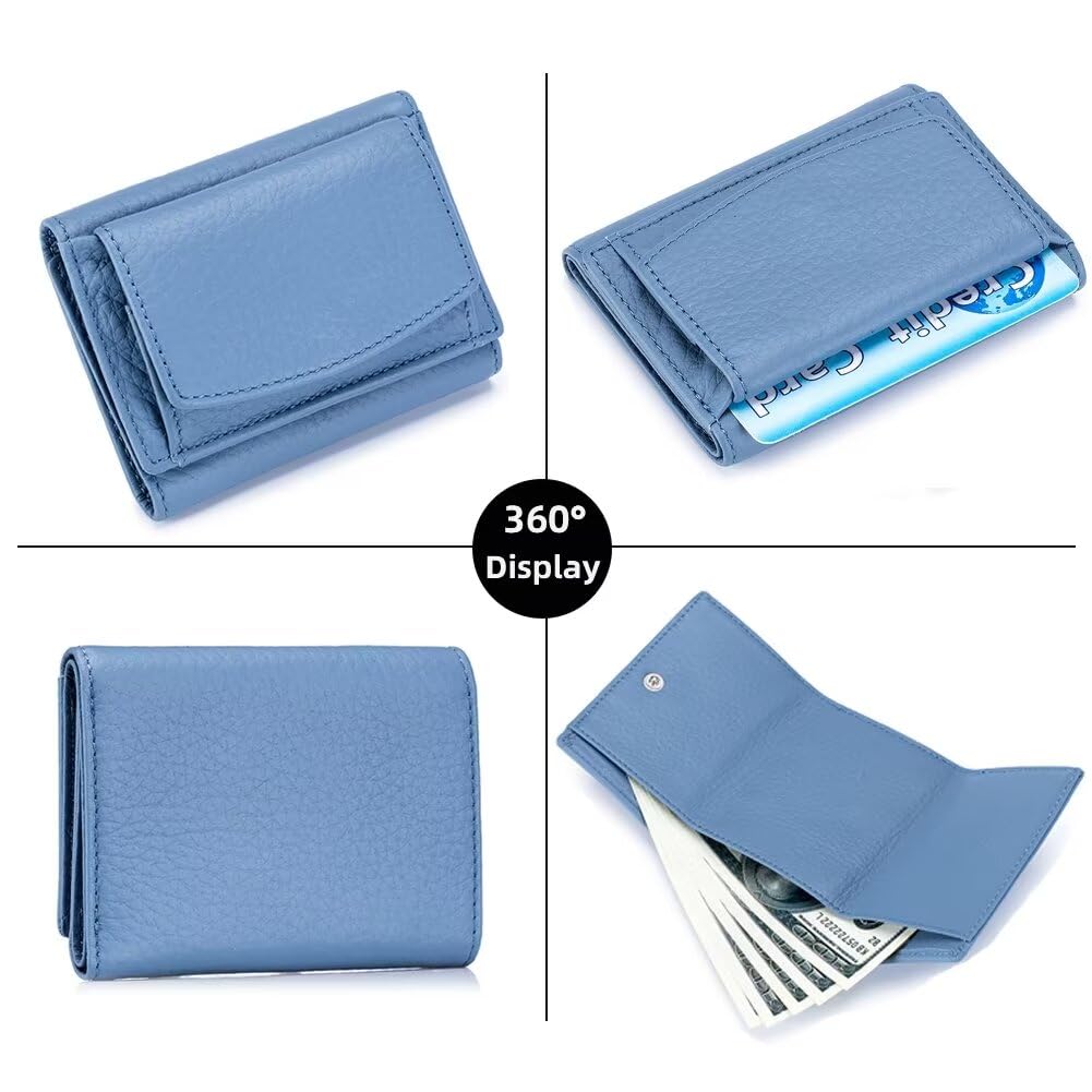 Mudono Small Wallet for Women Genuine Leather RFID Blocking Card Holder Minimalist Tri-fold Cash Wallet with Snap Coin Pouch