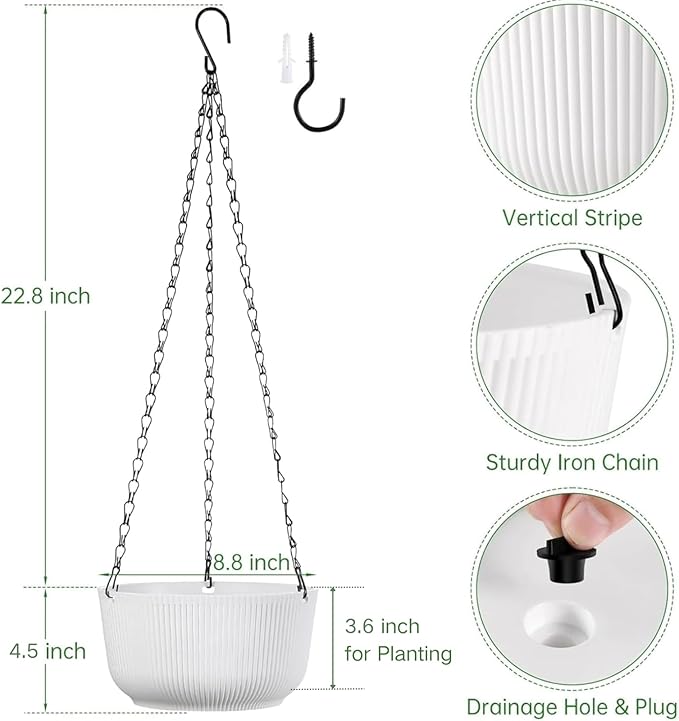Set of 2 9 Inch White Self Watering Hanging Planters for Indoor Outdoor Plants, Thickened Hanging Flower Pots with Drainage Hole & Plug and 20" Chain Hanger
