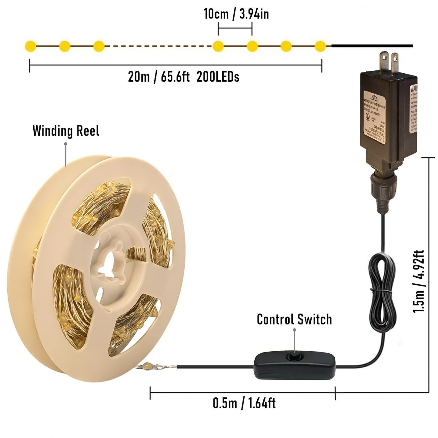 RUICHEN Plug in Fairy Lights with Switch, Waterproof 66 Ft 200 LED Silver Wire Starry String Firefly Lights for Bedroom, Patio, Garden, Balcony, Dorm, Warm White