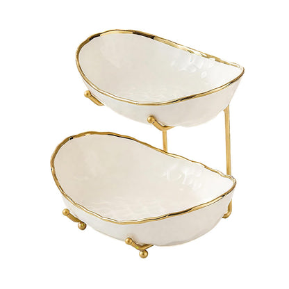 jessie 2 Tier Ceramic Fruit Bowl for Kitchen Counter with Metal Rack, Fruit Basket with Stand, Porcelain Bowls for Vegetable Bread Candy Snack Nuts Dessert Cake Tray (Gold 2 layer)