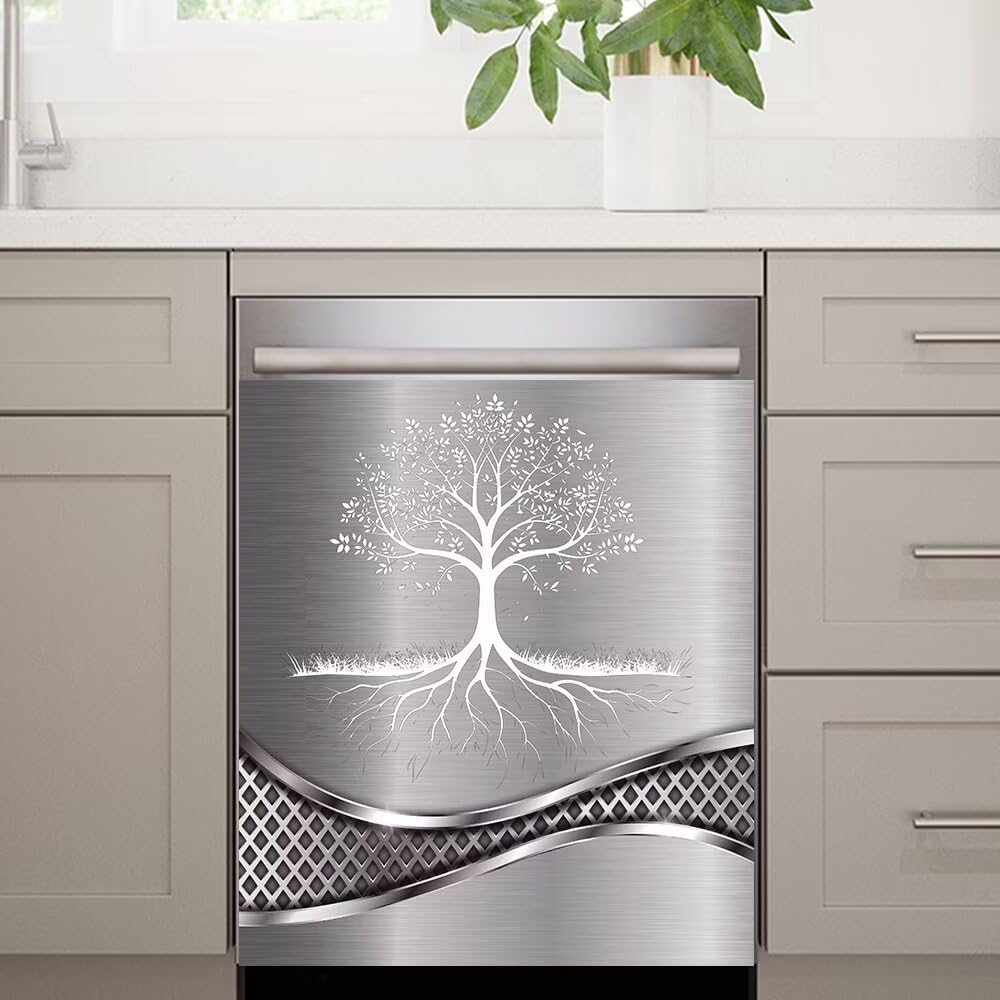 Imitation Stainless Steel Design Tree Painting Dishwasher Magnetic Cover Sticker Refrigerator Door Panel Fridge Appliance Magnet Decal Sheet Kitchen Decor 23x26 inch