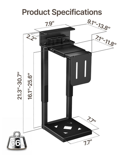monTEK 66 LBS Heavy-Duty Under Desk PC Mount, Adjustable No-Drill PC Mount with Protective Pads,16.1"-25.6" H, Ideal for Office Home Classroom, Black
