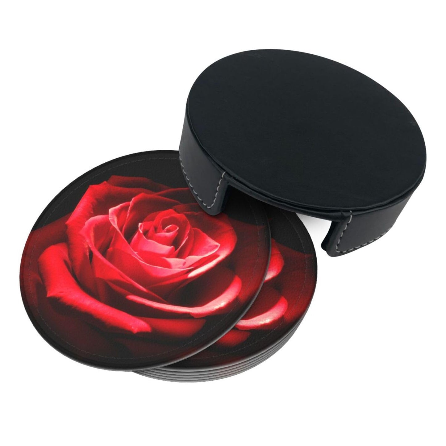 Stylish Red Rose Flower Coasters For Drinks Round Leather Coaster With Holder Set Of 6 For Tabletop Protection Desk Accessories Office Home Room Decor