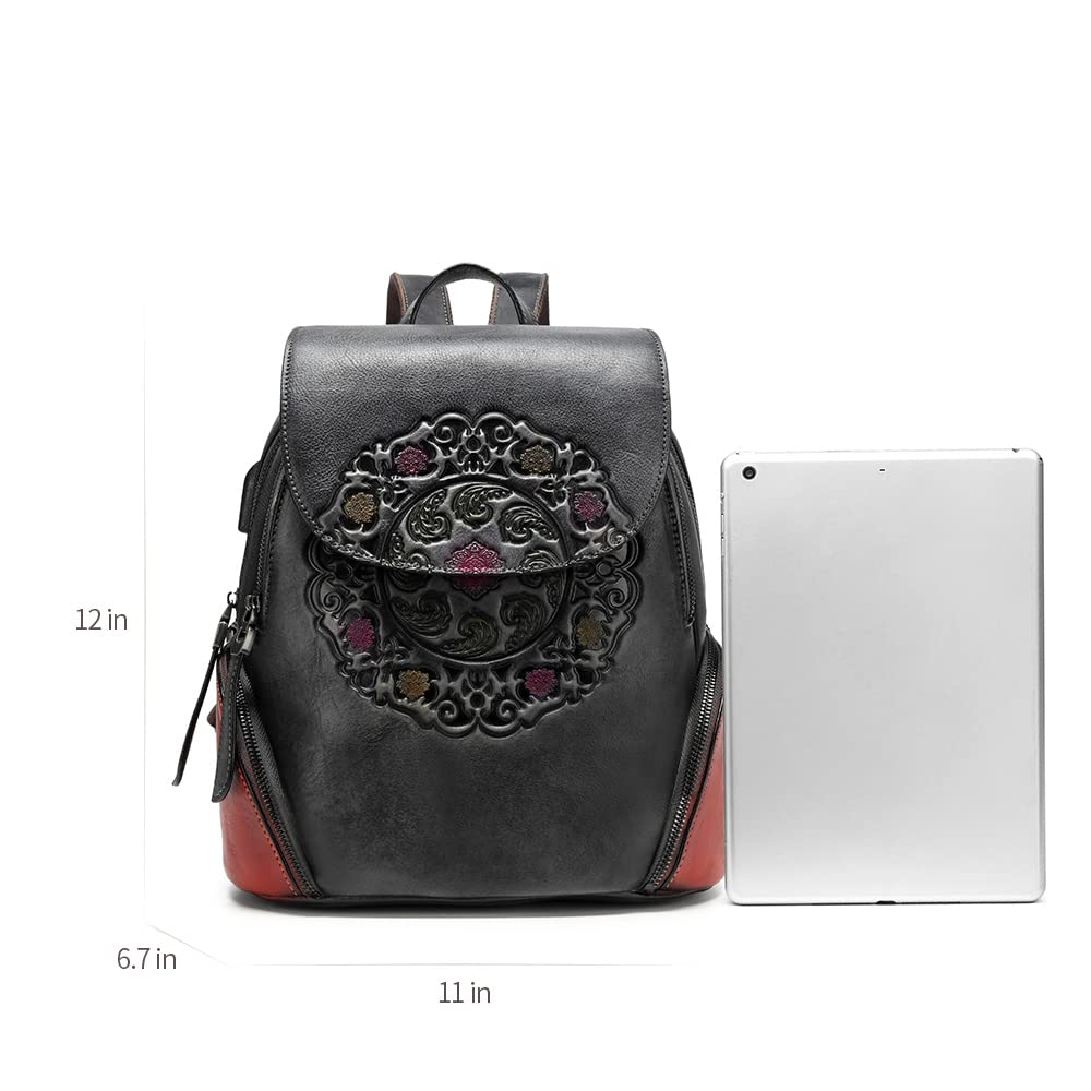 Leather Backpack for Women Organizer Retro Vegetable Tanning leather bag Vintage Embossing Totem (black)