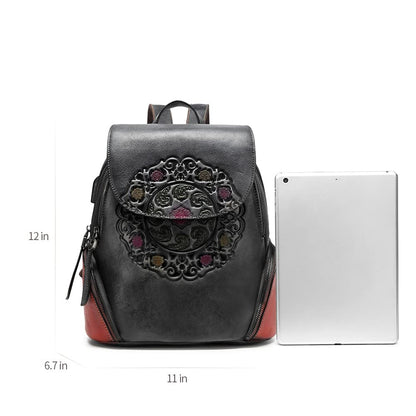 Leather Backpack for Women Organizer Retro Vegetable Tanning leather bag Vintage Embossing Totem (black)