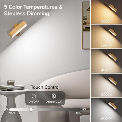 Wall Sconce, LED Battery Operated Wall Sconce for Bedroom, Rechargeable Wireless Wall Light for Picture, 5 Color Modes Stepless Dimmable Wall Lamp for Living Room, Reading